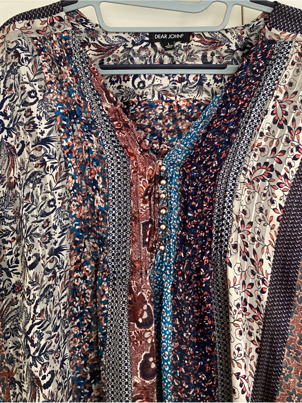 Dear John Boho Mixed Print Patchwork Blouse  Front Long Sleeve - Size Large - Picture 2 of 3